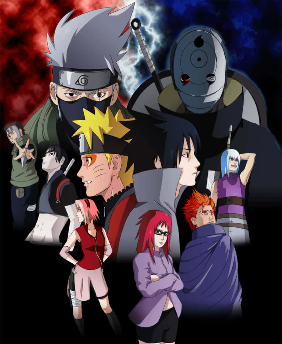 Ninja World 桌布 壁紙 — 一幅充滿動感的動漫團體肖像， featuring 鳴人、佐助、卡卡西及其他忍者角色，背景是戲劇性的紅藍風暴。