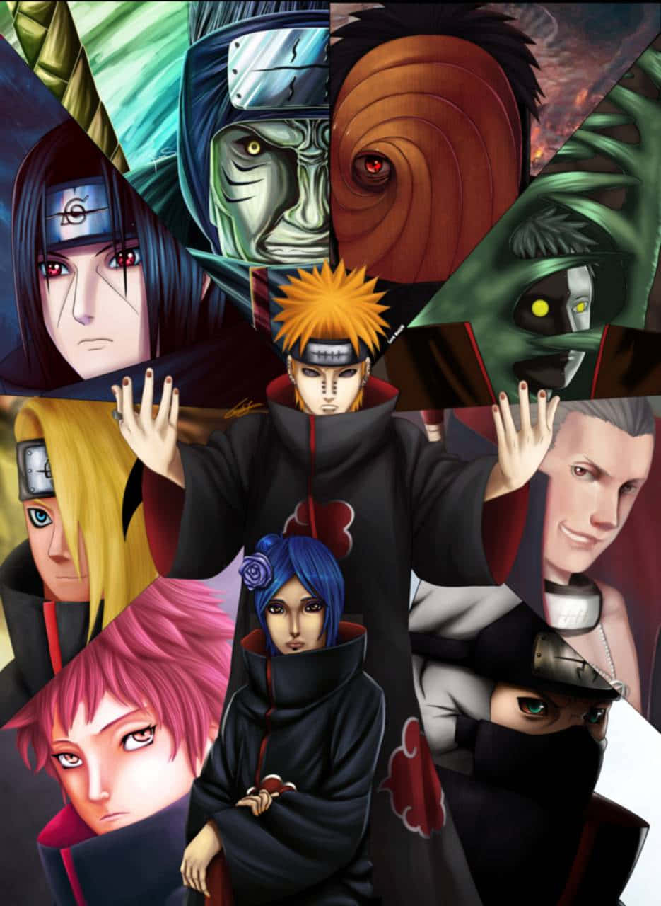 Akatsuki Naruto Shippuden 桌布 壁紙 — 一幅充滿動感的動漫拼貼畫， featuring 多個身穿曉組織斗篷的角色，表情強烈，色彩鮮明。