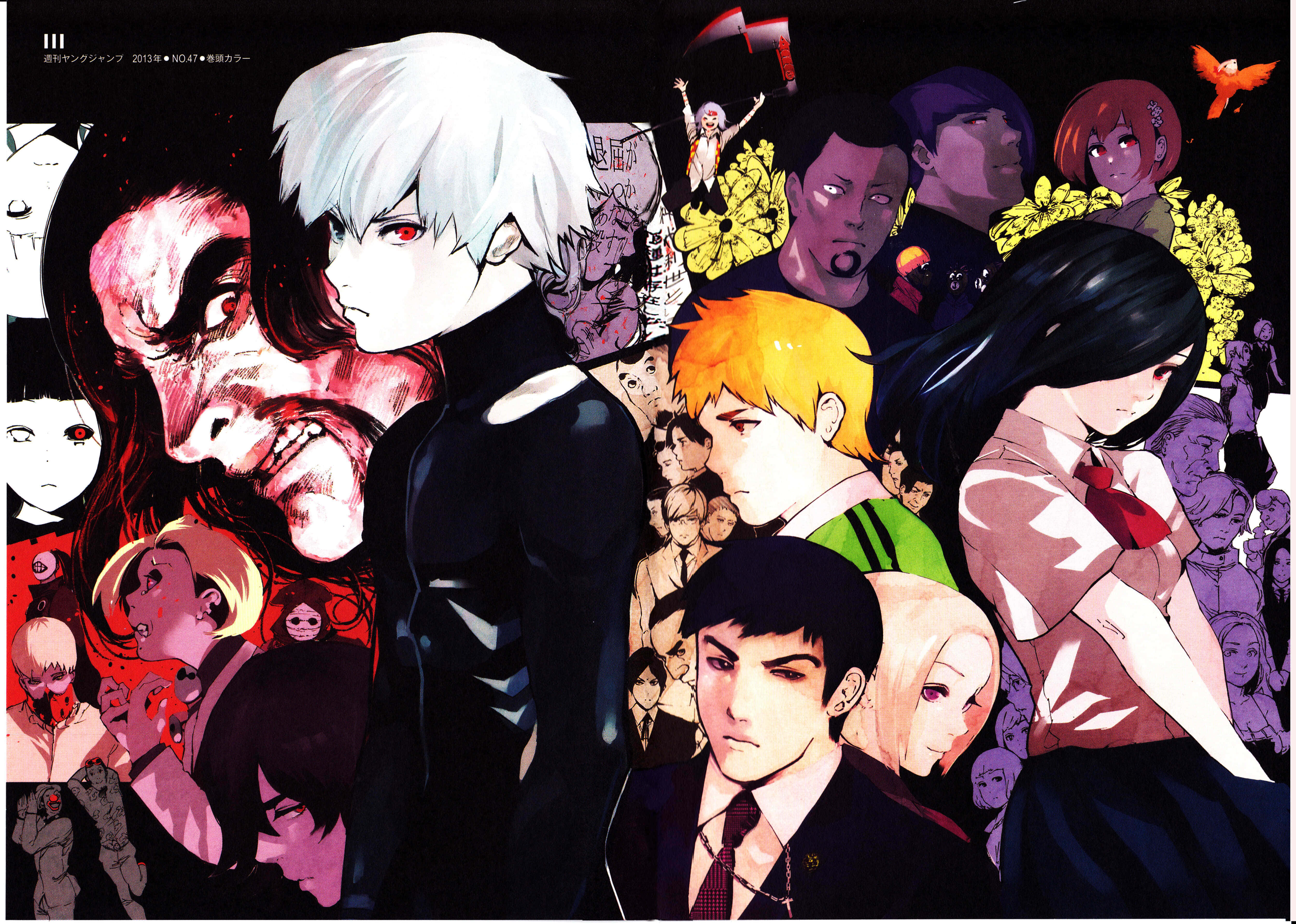 Sui Ishida 桌布 壁紙 — 一幅充滿動感的動漫拼貼畫，以深色背景為襯托，展現多樣角色強烈的表情與鮮明的色彩對比。