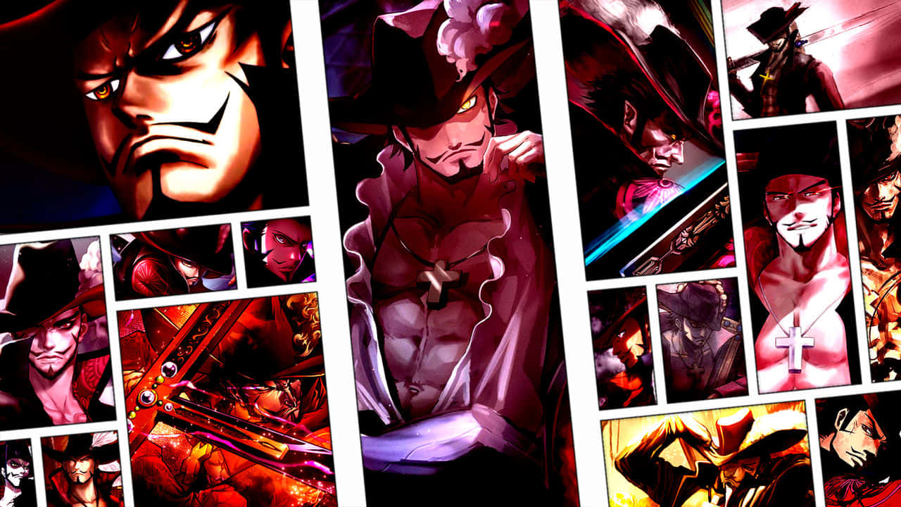 Dracule Mihawk 桌布 壁紙 — 一幅充滿動感的動漫拼貼畫，描繪了在火紅與深紫燈光下擺出戲劇性姿勢的強烈男性角色。