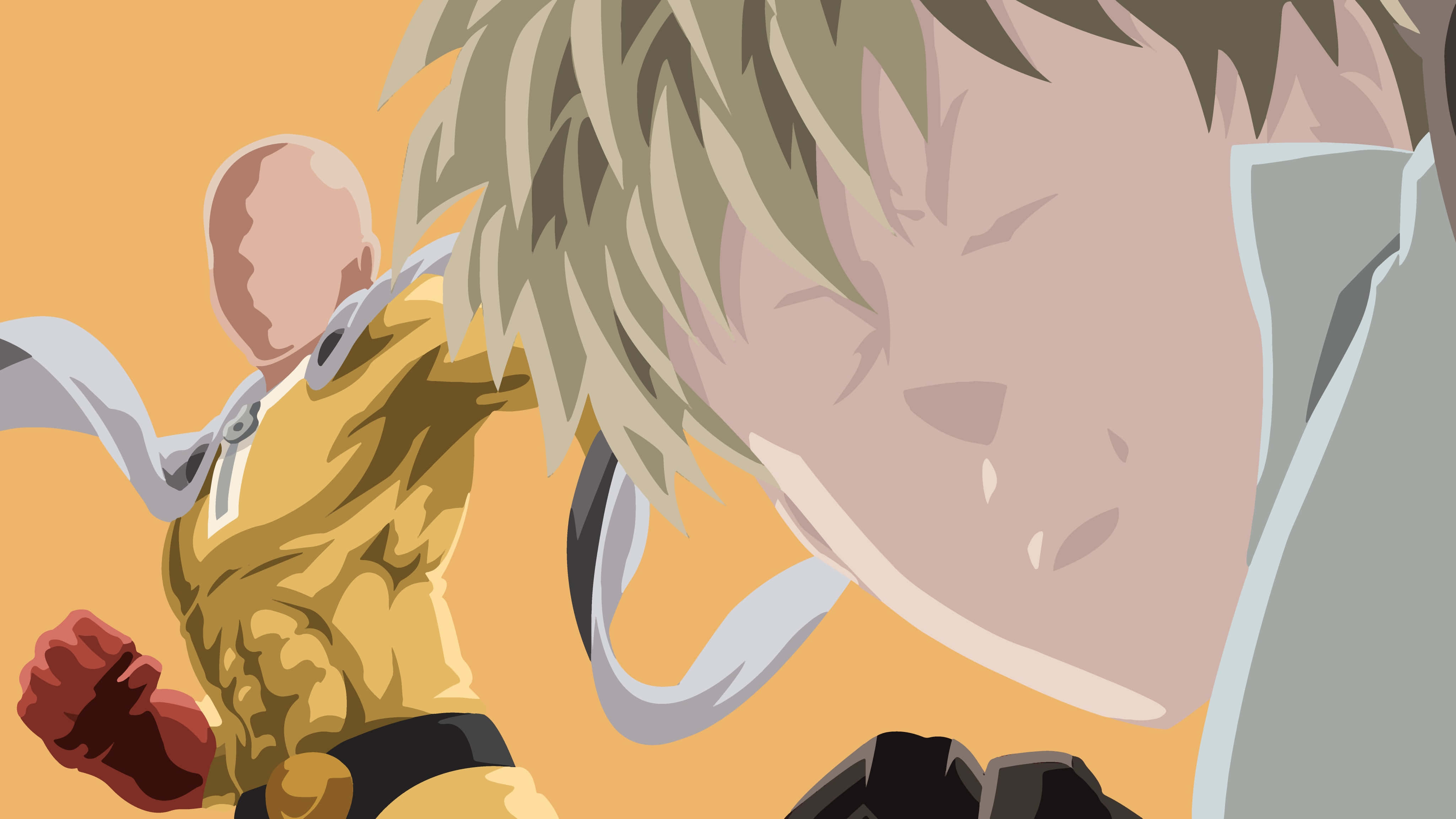 One Punch Man Season 2 桌布 壁紙 — 一幅充滿動感的動漫插圖，展示一位身穿黃色西裝的光頭戰士向前揮拳，而一位金髮對手在前景中面露痛苦表情。