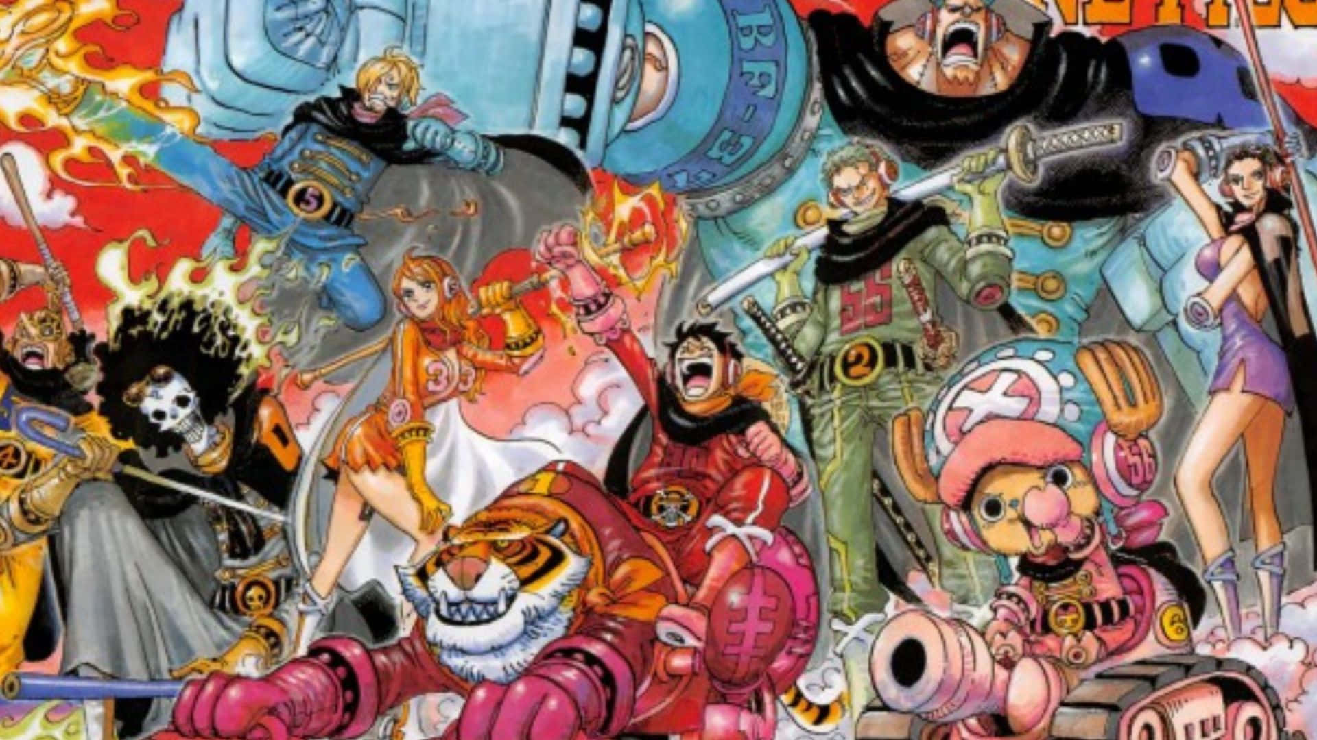 Germa 66 桌布 壁紙 — 一幅充滿動感的動漫插圖，描繪《One Piece》中色彩繽紛的角色在火紅背景前激烈戰鬥。