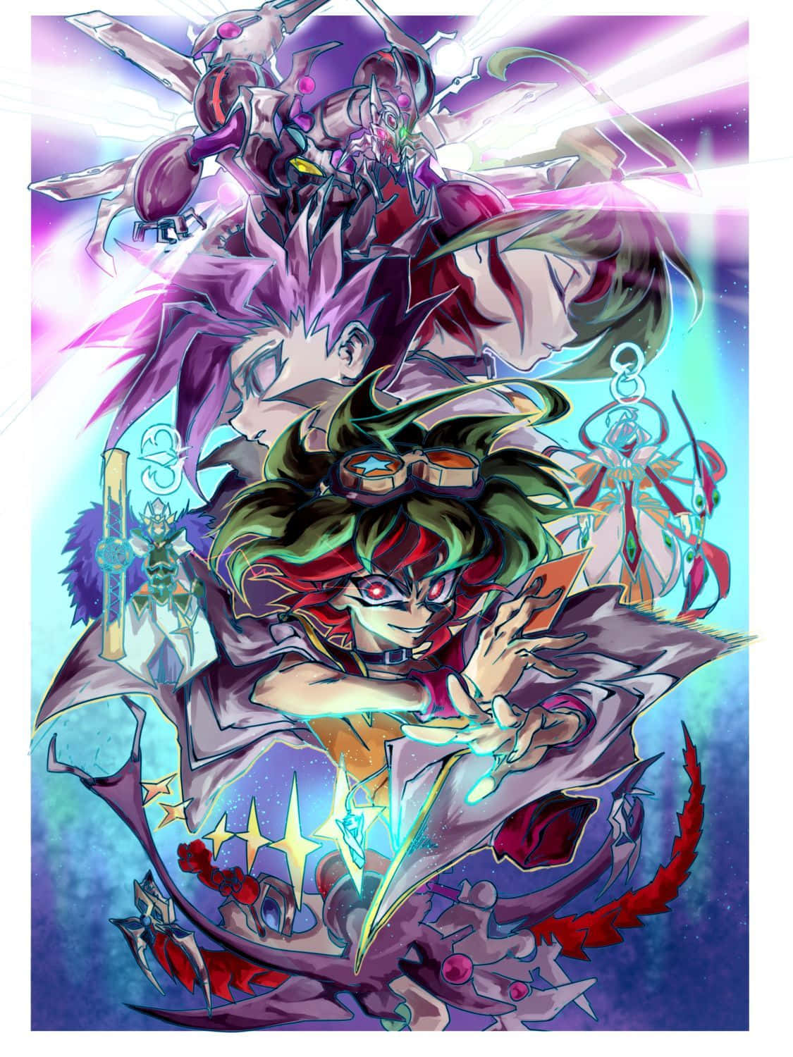 Yuya Sakaki 桌布 壁紙 — 一幅充滿動感的動漫插圖，描繪一位綠髮戴護目鏡的主角召喚發光卡牌，周圍環繞著奇幻生物和鮮豔的紫藍色光效。