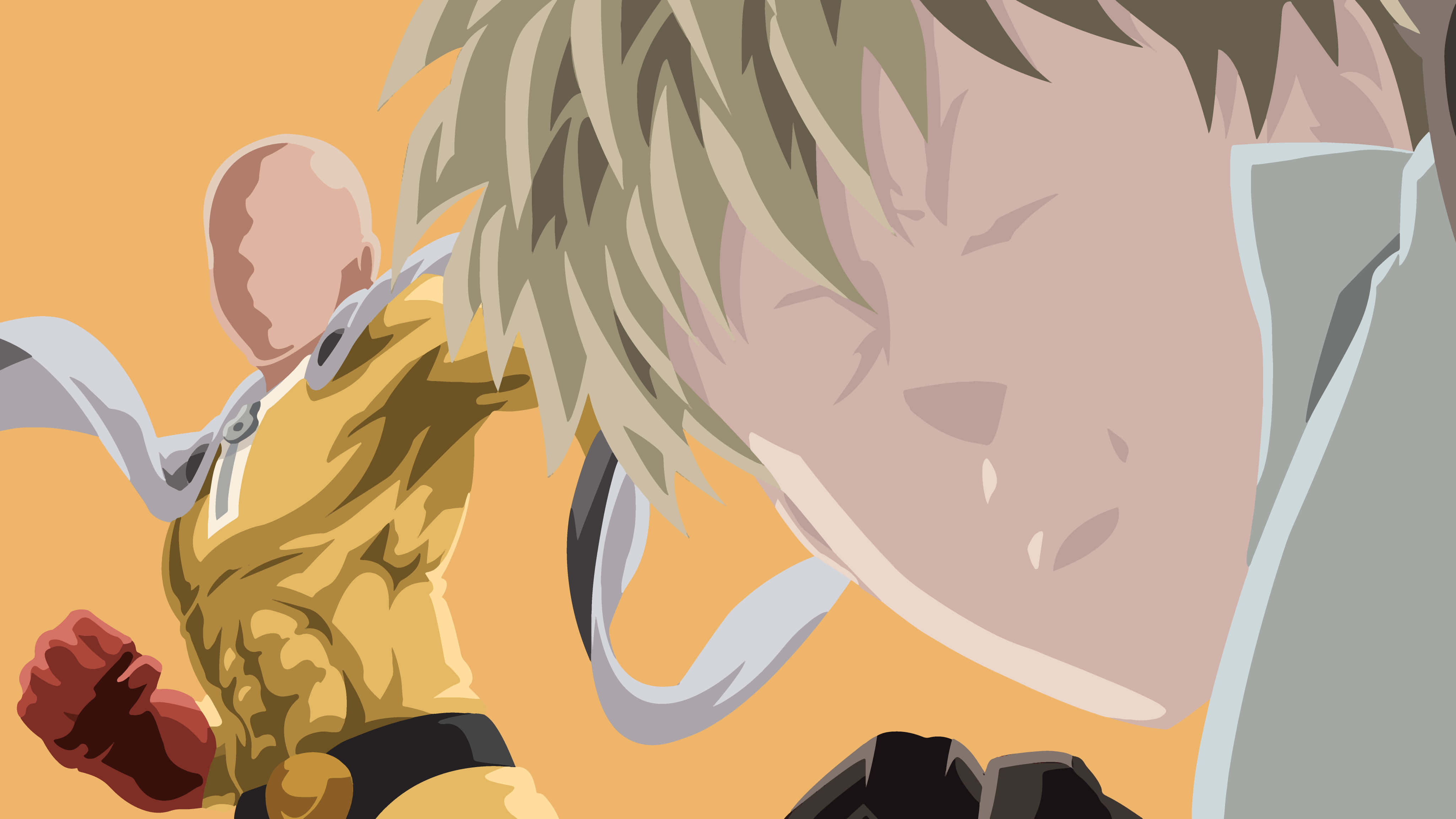 One Punch Man Minimalist 桌布 壁紙 — 一幅充滿動感的動漫插圖，描繪埼玉穿著標誌性的黃色戰衣，在溫暖的橙色背景下，面對一位意志堅定的金髮戰士。