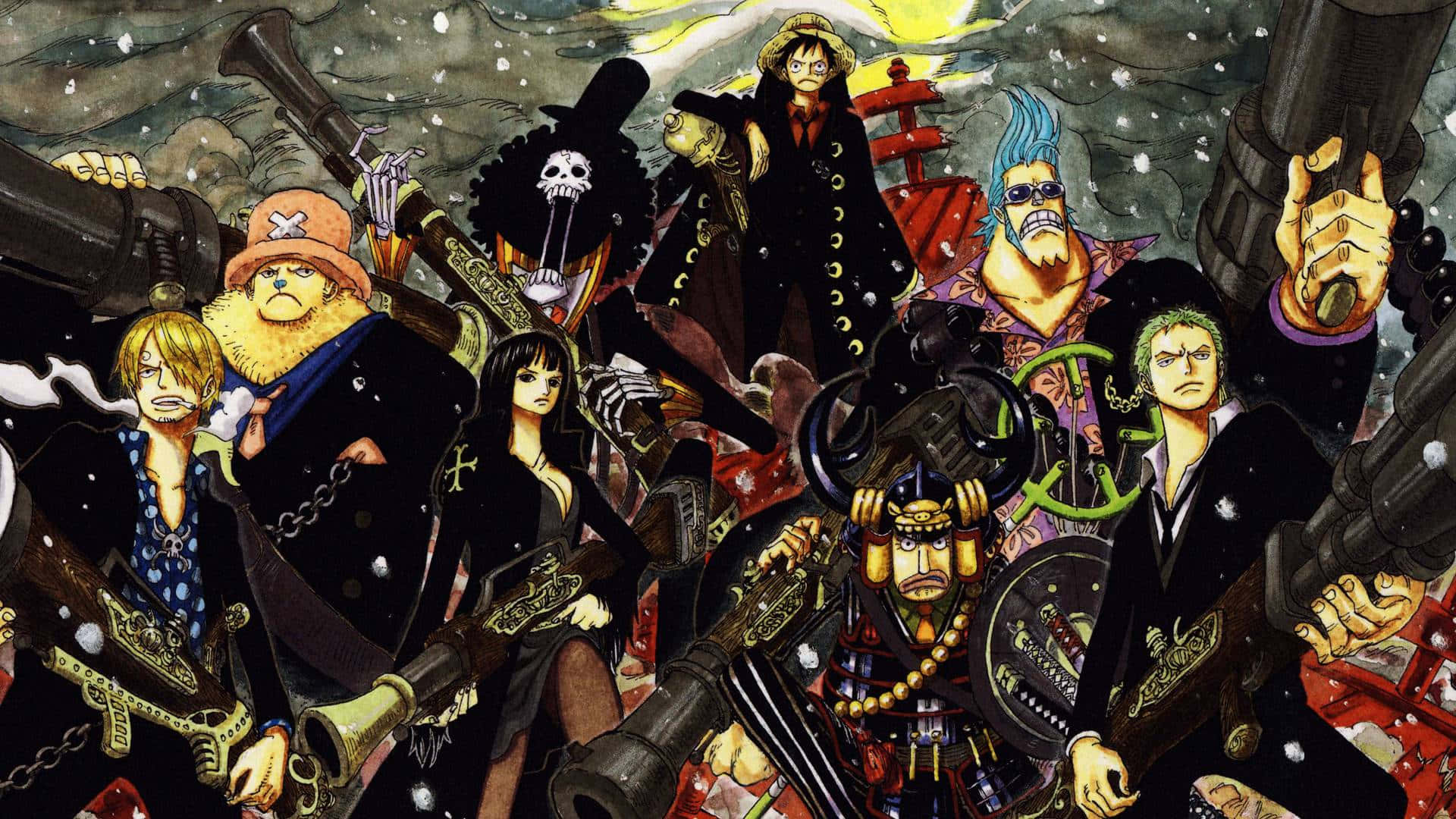 One Piece Characters 桌布 壁紙 — 一幅充滿動感的動漫插圖，描繪草帽海賊團在飄雪中挑釁地站立，伴隨著戲劇性的燈光。