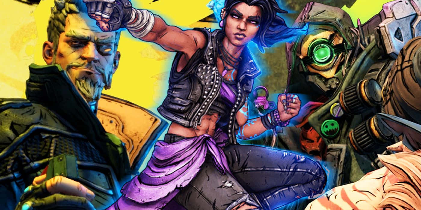 Borderlands Characters 桌布 壁紙 — 一幅充滿動感的動漫風格插圖，描繪三個賽博龐克角色在鮮黃色背景前擺出動作姿勢。