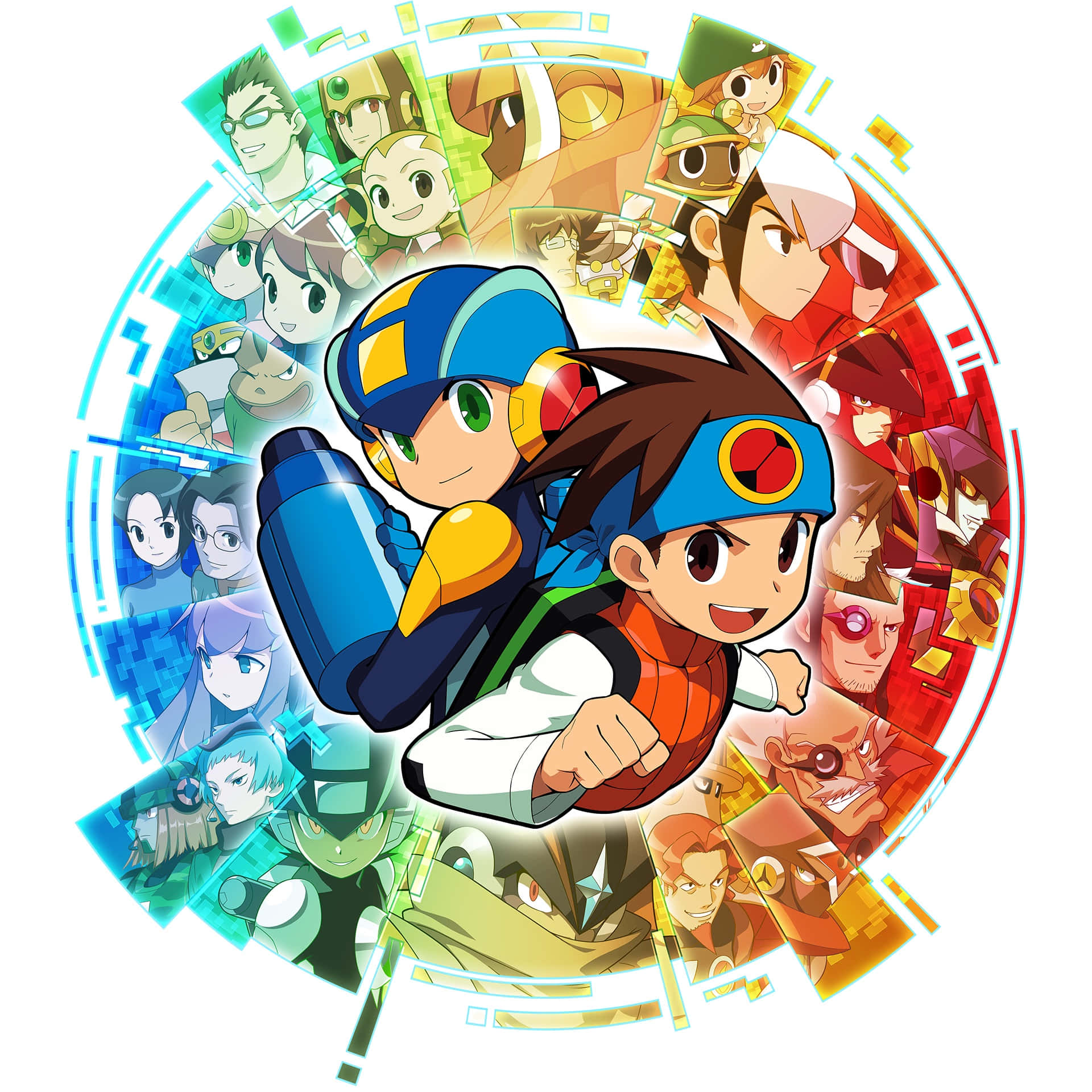 洛克人 桌布 壁紙 — 一幅充滿動感的動漫風格插圖，描繪了 Mega Man 和一位年輕英雄，周圍是其他角色的圓形拼貼畫。