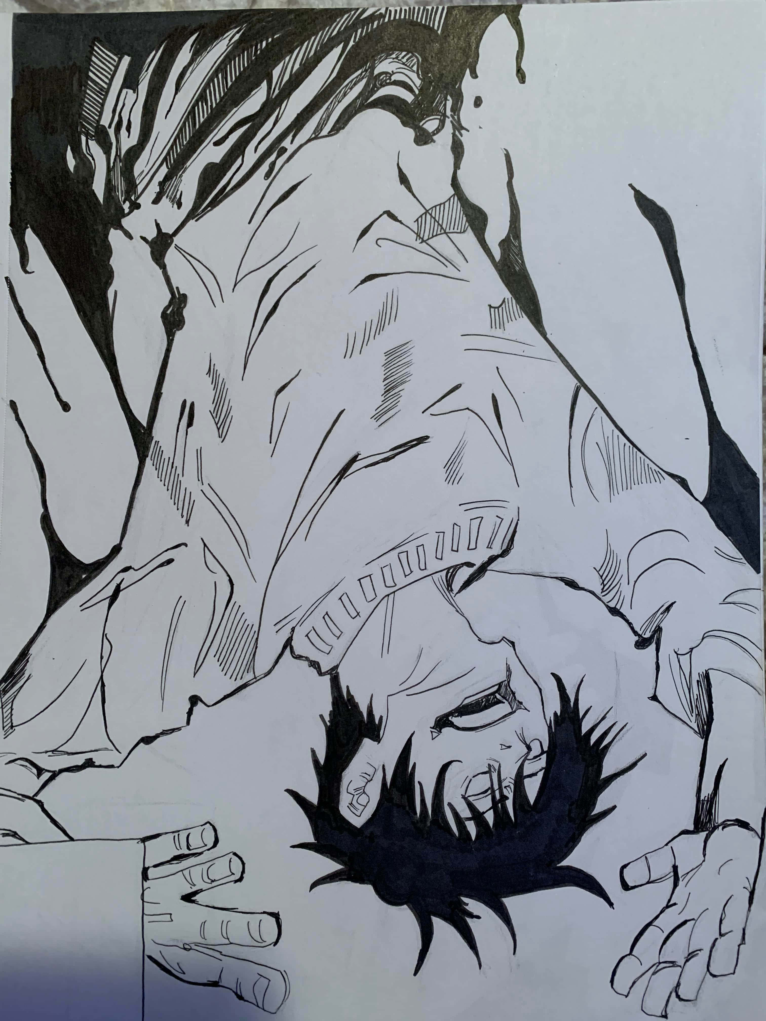 Toji Fushiguro 桌布 壁紙 — 一幅充滿動感的動漫風格素描，描繪一個刺蝟頭髮的角色正在墜落中，帶有戲劇性的陰影和富有表現力的臉部。