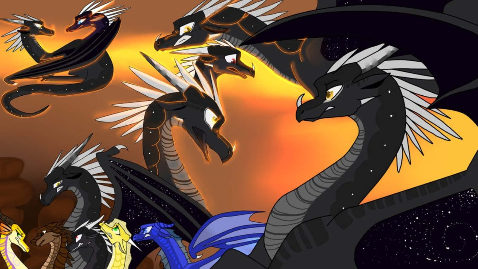 Wings Of Fire 桌布 壁紙 — 一幅充滿動感的插圖，描繪多條風格化的龍，擁有黑色身體、白色翅膀尖刺和發光的眼睛，在火橙色和星光閃爍的夜空中翱翔。