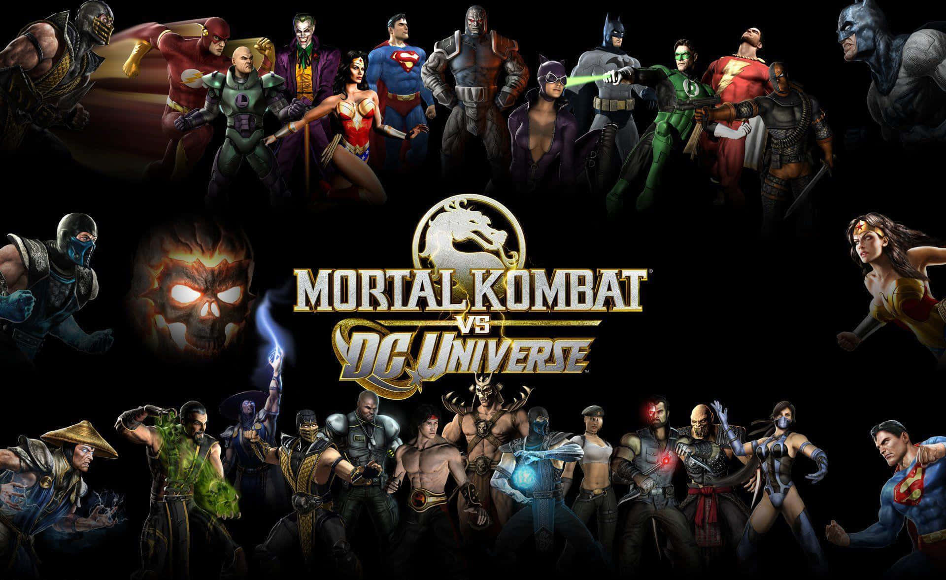 Mortal Kombat Vs Dc Universe 桌布 壁紙 — 一幅充滿動感的數碼藝術作品，展示《真人快打》和《DC宇宙》的標誌性角色在黑暗背景下準備戰鬥。