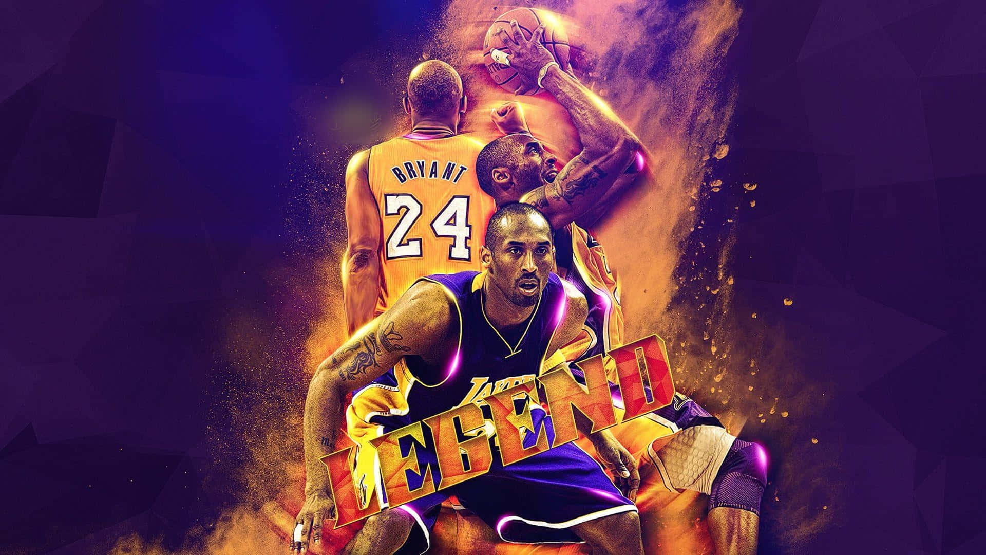 Cool Basketball 桌布 壁紙 — 一幅充滿動感的數碼藝術作品，描繪高比·拜仁穿著湖人隊裝備，其形態中迸發出「LEGEND」字樣，背景為紫色和金色的宇宙風格。