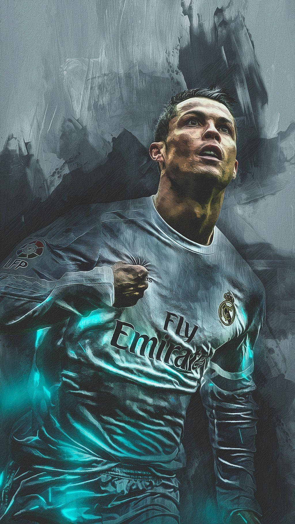 Cristiano Ronaldo 桌布 壁紙 — 一幅充滿動感的數碼藝術肖像，描繪了身穿皇家馬德里球衣的基斯坦奴·朗拿度，帶有發光的青綠色點綴，背景為煙霧灰色。