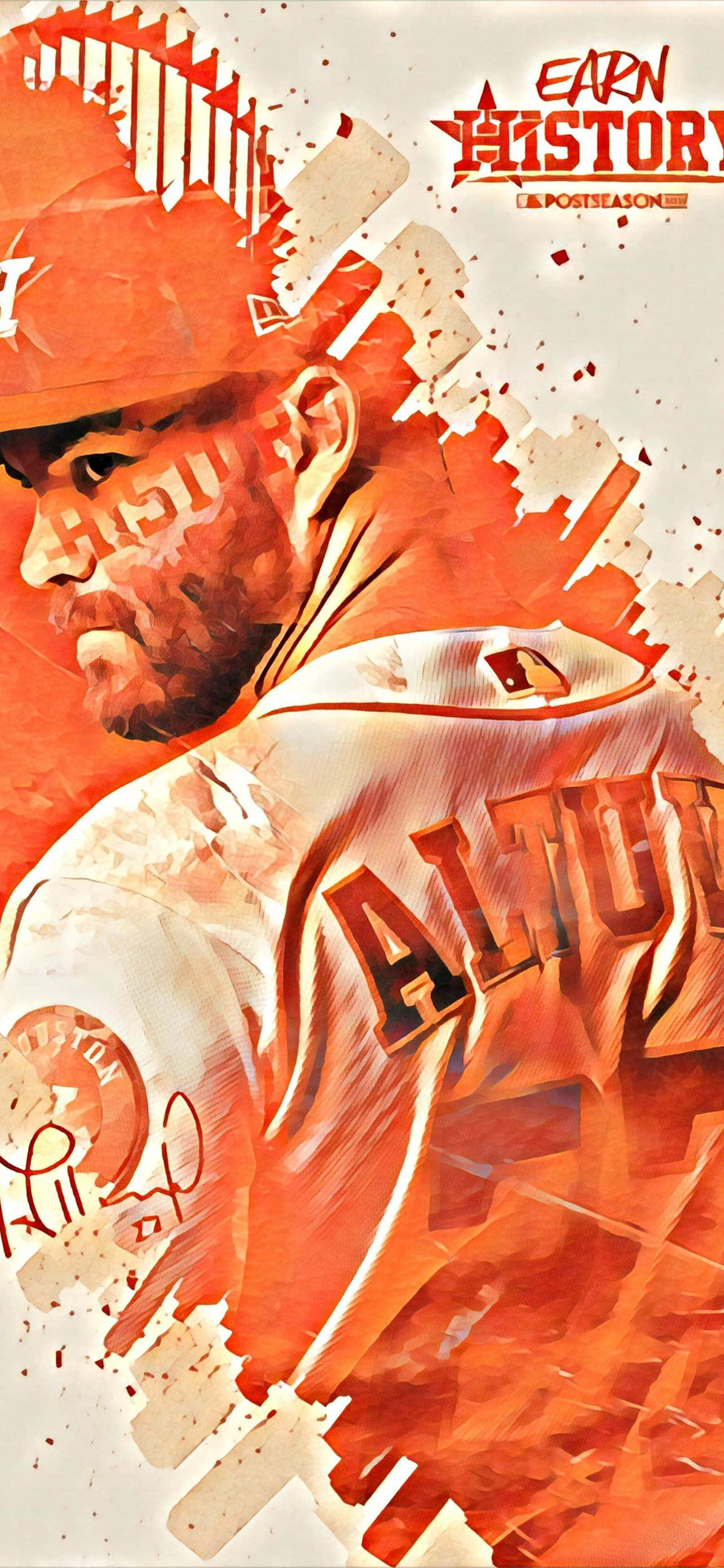 Astros 桌布 壁紙 — 一幅充滿動感的數碼藝術肖像，描繪棒球運動員Altuve身穿橙色和白色球衣，上方有'EARN HISTORY'字樣。
