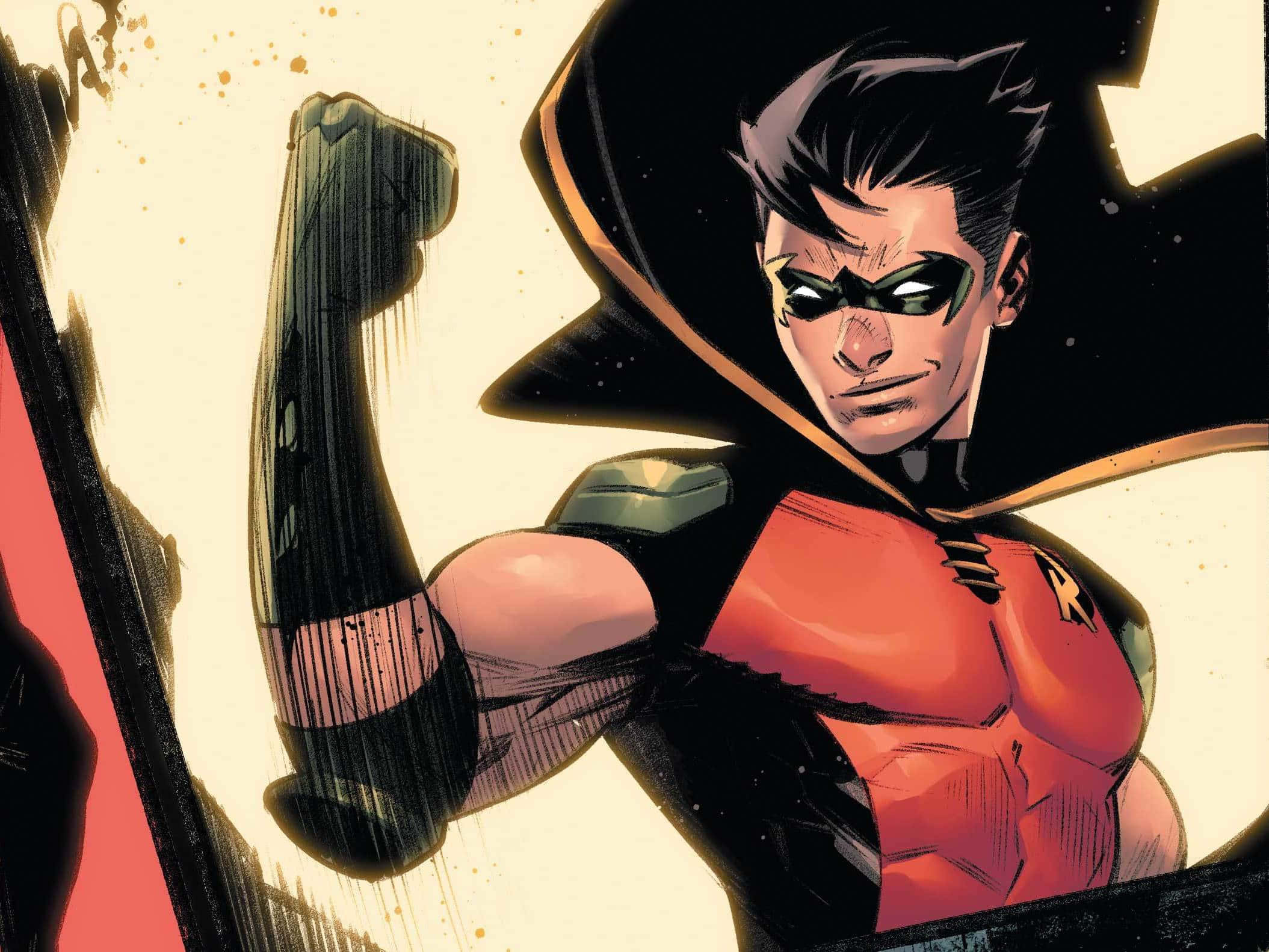 Tim Drake 桌布 壁紙 — 一幅充滿動感的漫畫插圖，描繪羅賓穿著紅黑戰衣，彎曲手臂，表情堅定。