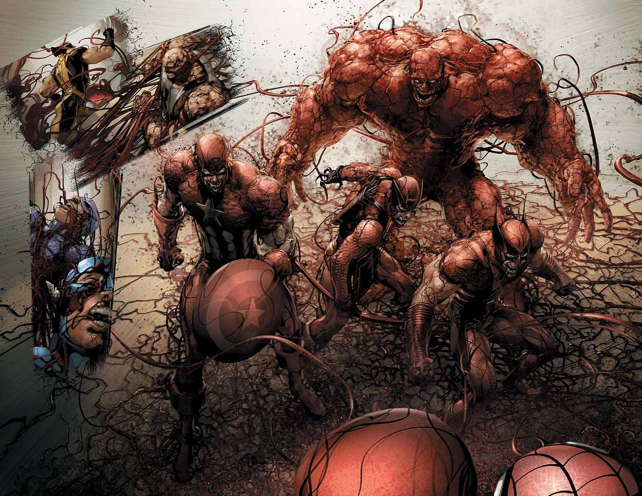 Carnage USA 桌布 壁紙 — 一幅充滿動感的漫畫插圖，描繪超級英雄在 gritty、動作密集的場景中與一個帶有觸手的恐怖紅色實體戰鬥。
