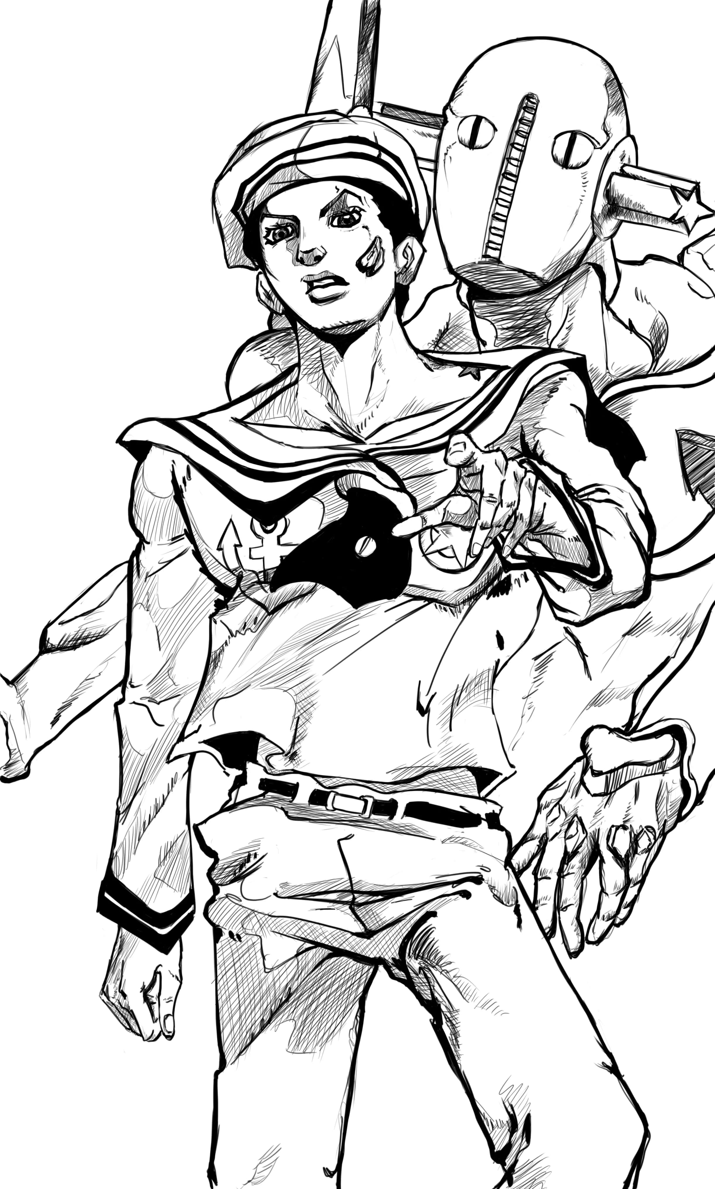 Jojolion 桌布 壁紙 — 一幅充滿動感的黑白動漫素描，描繪一位堅定的年輕男子，身後站著一個機械夥伴。