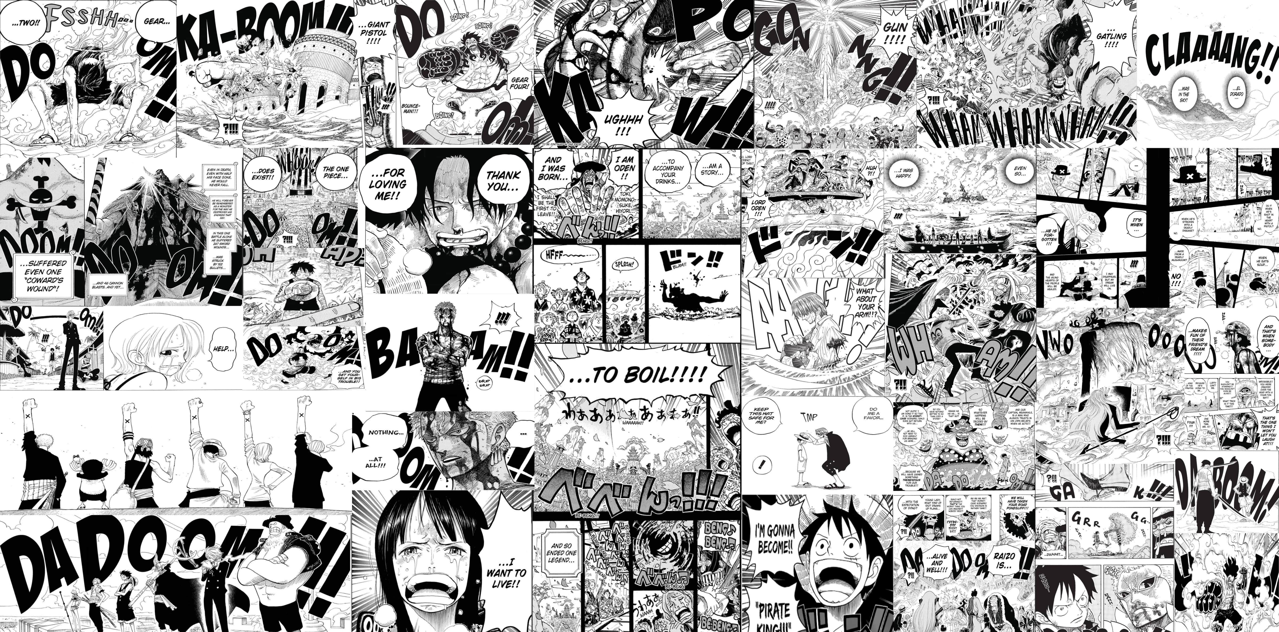One Piece Manga 桌布 壁紙 — 一幅充滿動感的黑白漫畫面板拼貼畫，充滿動作音效和表情豐富的角色。