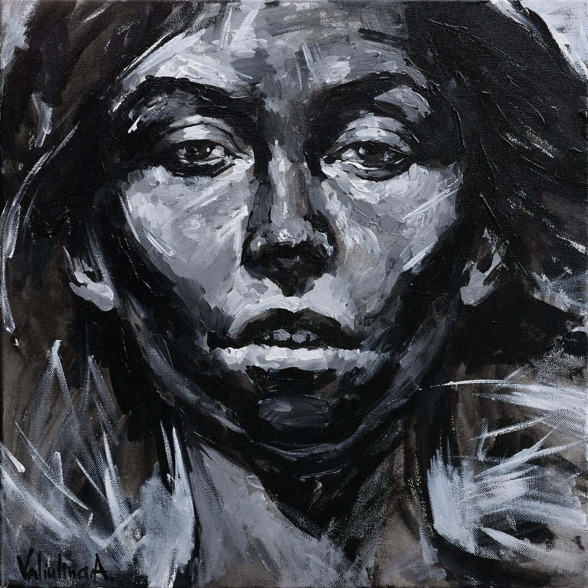 Black And White Painting 桌布 壁紙 — 一幅充滿原始情感的女性肖像畫，以表現主義的黑白筆觸繪製，可見畫布紋理。