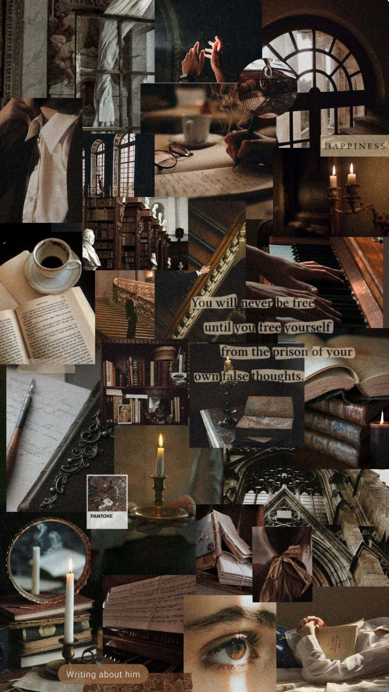 Dark Academia Aesthetic 桌布 壁紙 — 一幅充滿情調的復古圖書館場景拼貼畫，包含書籍、蠟燭和手寫語錄，喚起內省與文學浪漫。