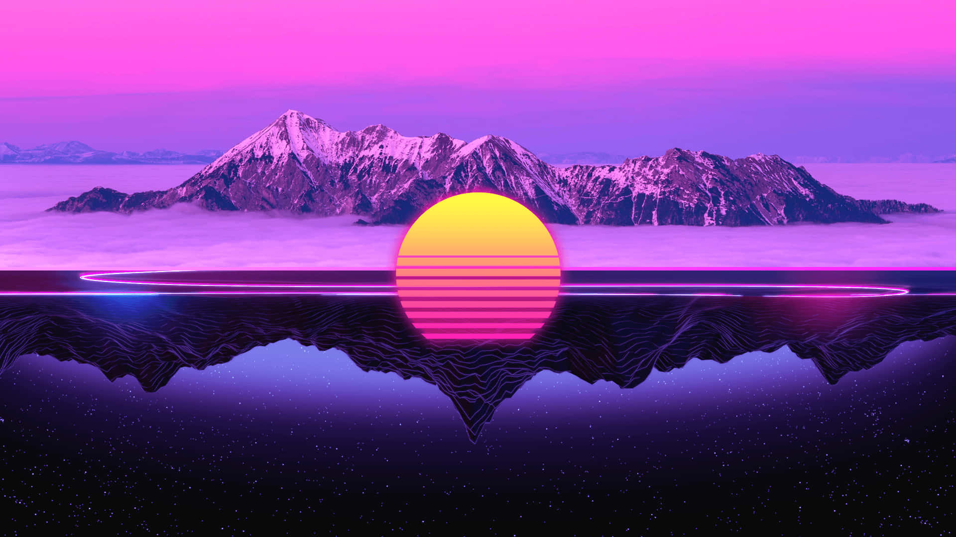 一幅充滿橙、黃、粉紅色調的古典夕陽 壁紙 — 一個復古未來主義的日落，條紋太陽映照在雪山上，倒映在星空虛空中。