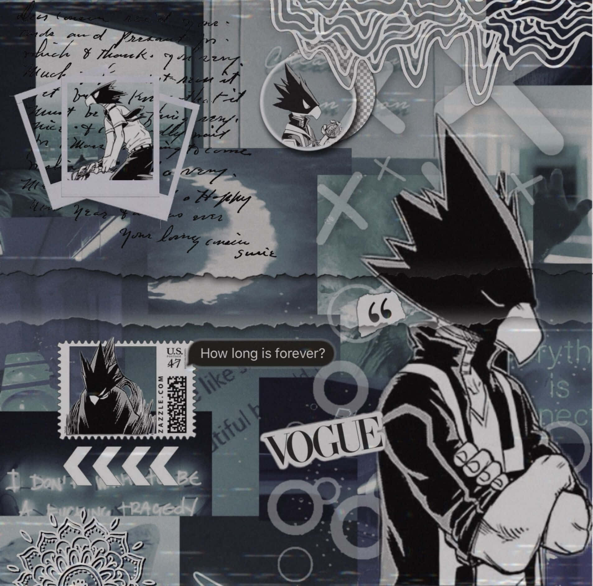 Fumikage Tokoyami 桌布 壁紙 — 一幅充滿氛圍感的拼貼畫，由動漫角色碎片、手寫筆記和Vogue雜誌剪報疊加在深藍色紋理背景上組成。