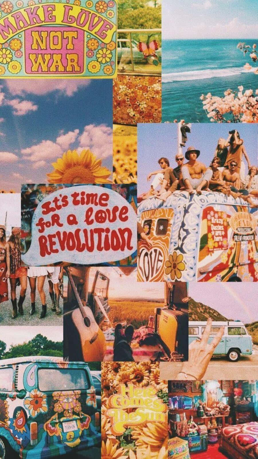 Psychedelic 70s Aesthetic 桌布 壁紙 — 一幅充滿活力的1960年代嬉皮拼貼畫， featuring 向日葵、衝浪板、麵包車和和平標誌，在明亮的藍天下。