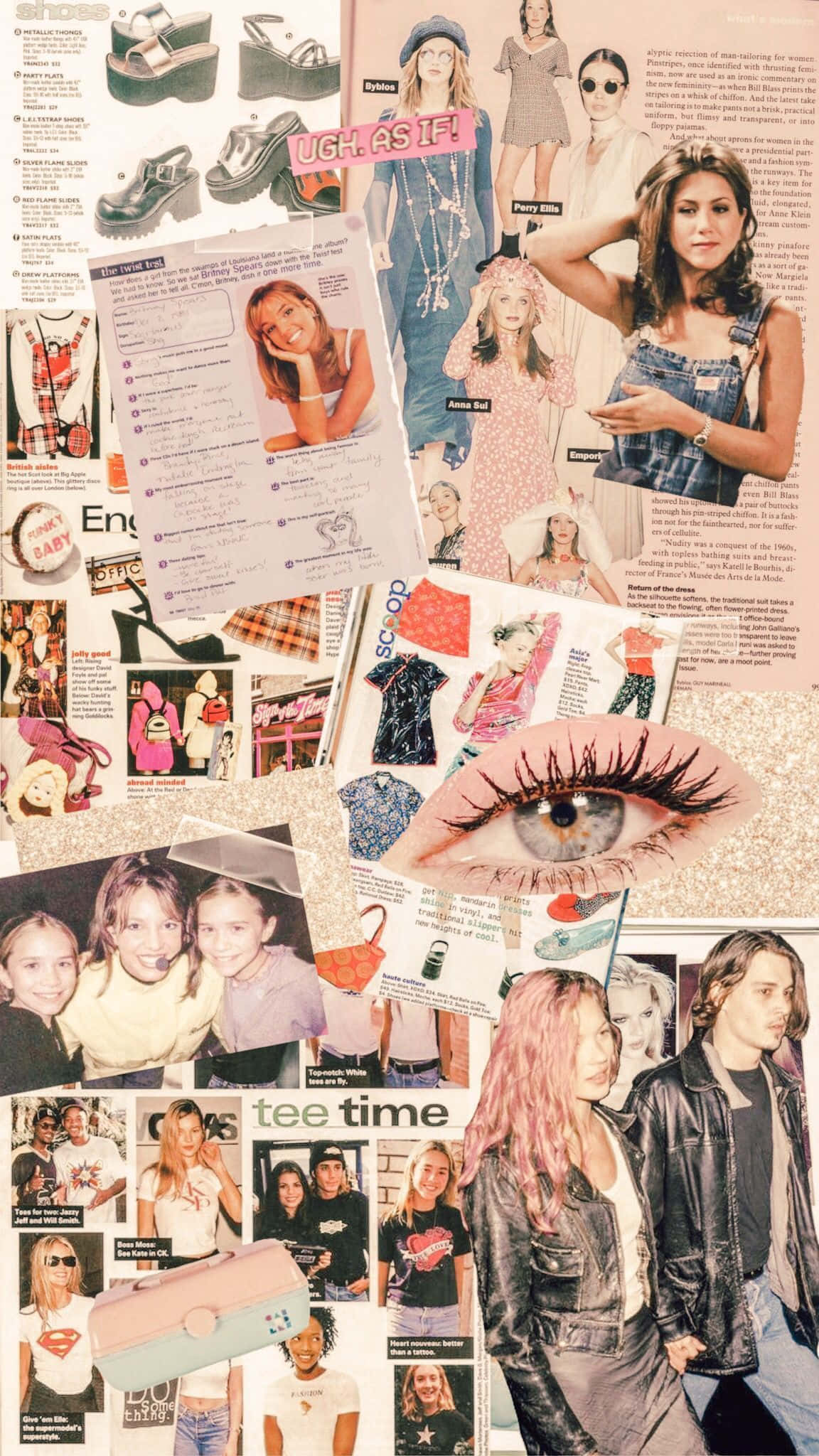Baddie Vintage 90's Aesthetic 桌布 壁紙 — 一幅充滿活力的2000年代時尚雜誌剪貼拼貼畫， featuring 穿著牛仔工裝褲、露臍上衣和厚底鞋的青少年，以及巨大的睫毛特寫。
