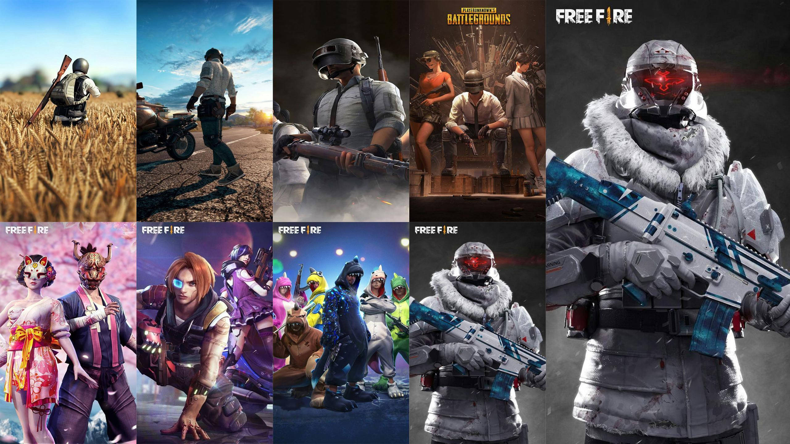 PUBG 桌布 壁紙 — 一幅充滿活力的Free Fire遊戲場景拼貼畫，角色們身著戰鬥裝備和色彩繽紛的服裝，出現在各種環境中。