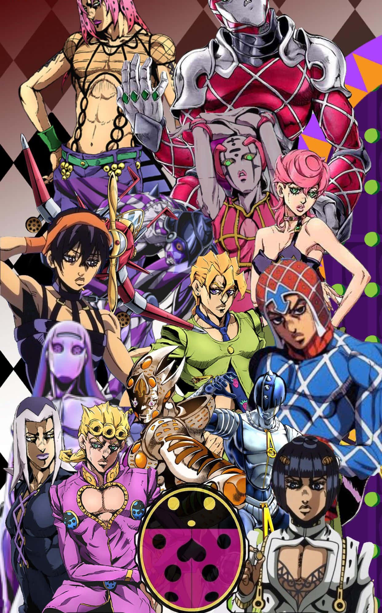Jojo Stands 桌布 壁紙 — 一幅充滿活力的JoJo's Bizarre Adventure角色動畫拼貼畫，以幾何背景襯托出動感姿態。