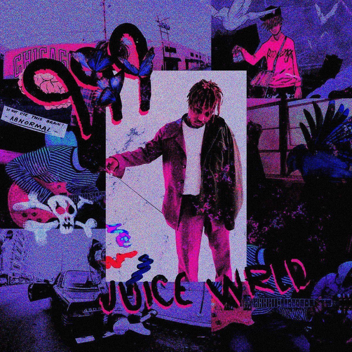 Juice WRLD 桌布 壁紙 — 一幅充滿活力的Juice WRLD拼貼畫，周圍環繞著超現實的塗鴉骷髏、結他和城市影像，以螢光粉紅和紫色色調呈現。