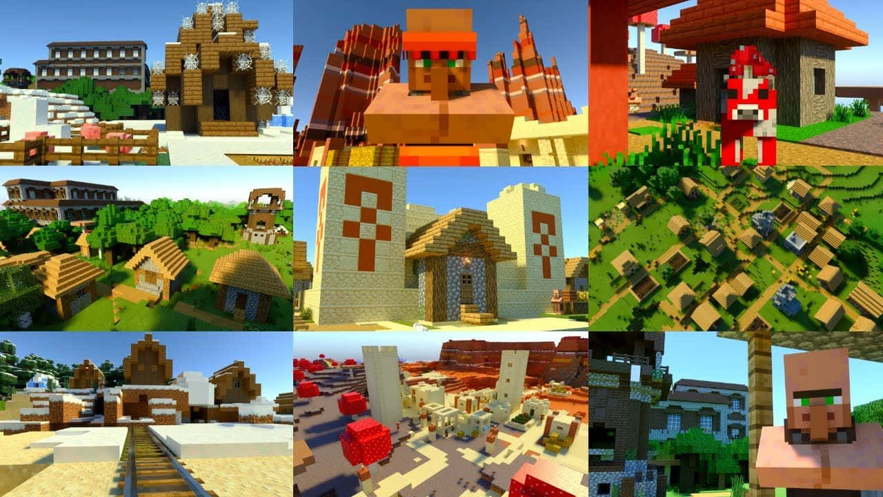 Minecraft Bedrock Edition 桌布 壁紙 — 一幅充滿活力的Minecraft村莊拼貼畫，包含像素化的房屋、樹木和角色，在晴朗明亮的天空下。