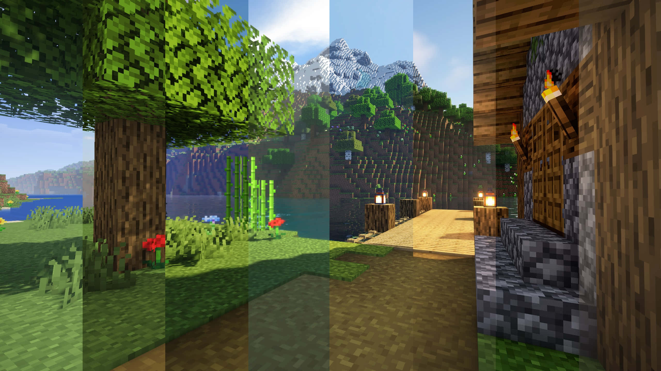 Minecraft Survival 桌布 壁紙 — 一幅充滿活力的Minecraft風景拼貼畫，展示像素化的樹木、花朵、山脈以及帶有火把的木屋內部。