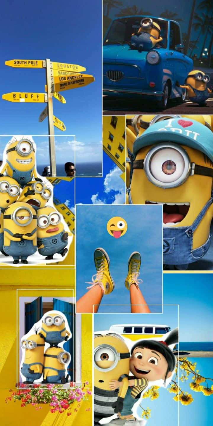 迷你兵團 桌布 壁紙 — 一幅充滿活力的Minions拼貼畫，展現各種嬉戲場景，背景是明亮的藍天和陽光燦爛。