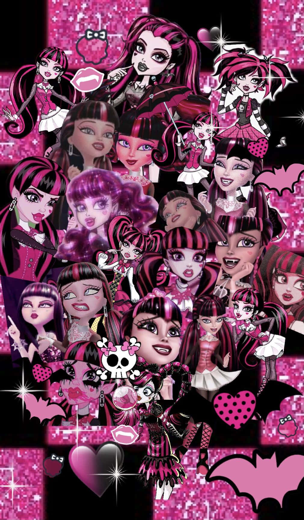 Monster High 桌布 壁紙 — 一幅充滿活力的Monster High角色拼貼畫，角色穿著粉紅色和黑色服裝，背景閃爍，帶有心形和蝙蝠圖案。