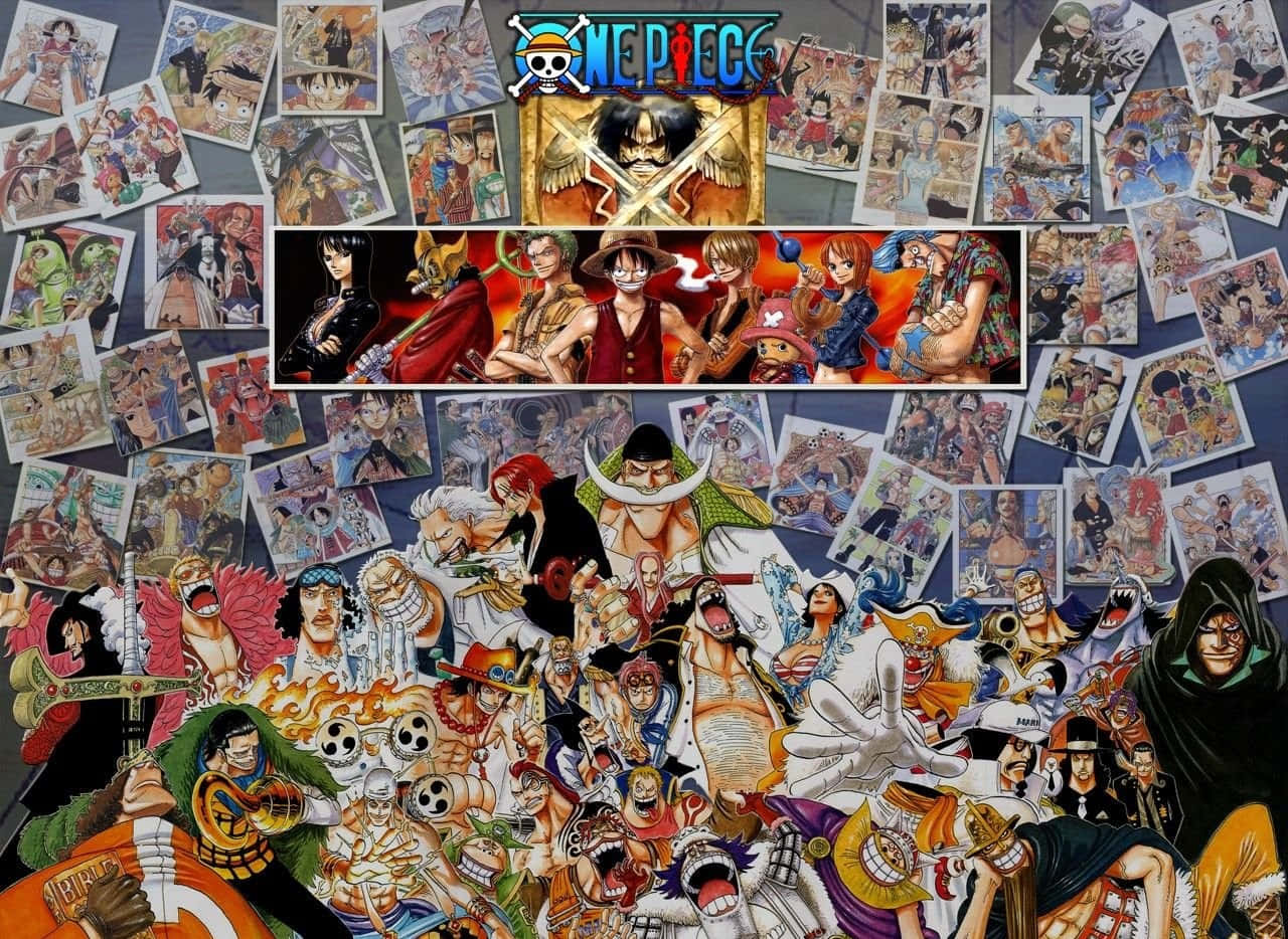 Anime Collage 桌布 壁紙 — 一幅充滿活力的One Piece動畫角色拼貼畫，從散落在深色背景上的漫畫頁面中迸發出來。