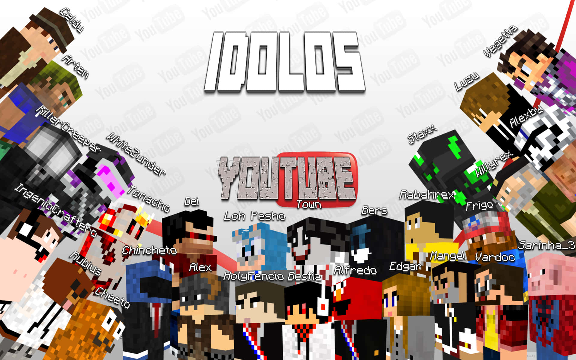 Minecraft Youtubers 桌布 壁紙 — 一幅充滿活力的像素藝術拼貼畫，描繪Minecraft風格的YouTube人物圍繞著中央的YouTube標誌，上方有'IDOLOS'文字。