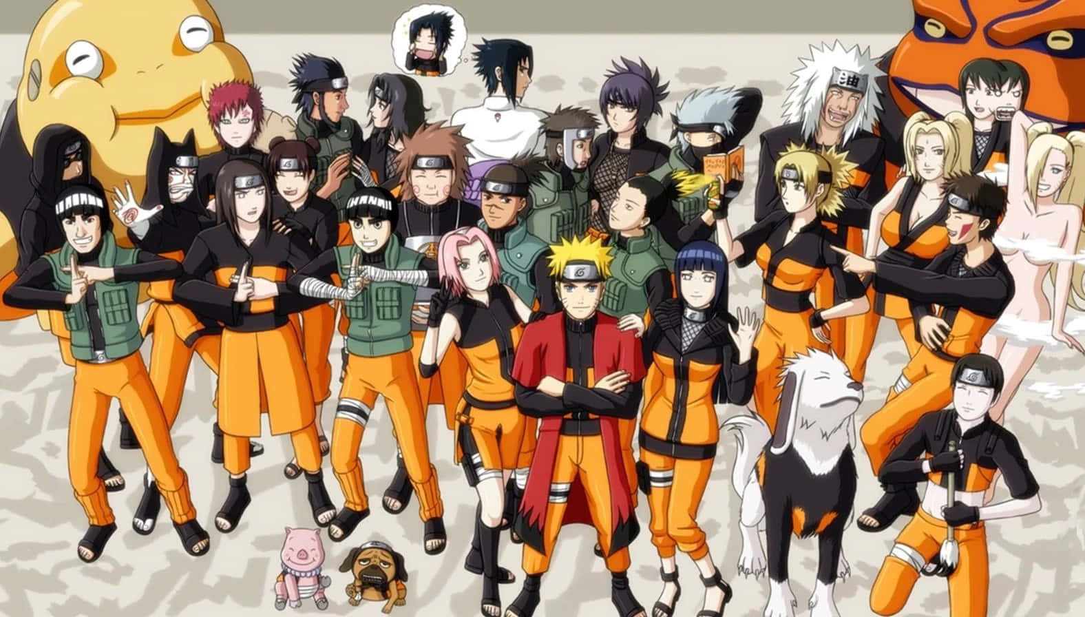 Ninja World 桌布 壁紙 — 一幅充滿活力的動漫團體照，火影忍者角色穿著橙色和黑色忍者裝備，與一隻巨型蟾蜍和小動物一起擺姿勢。