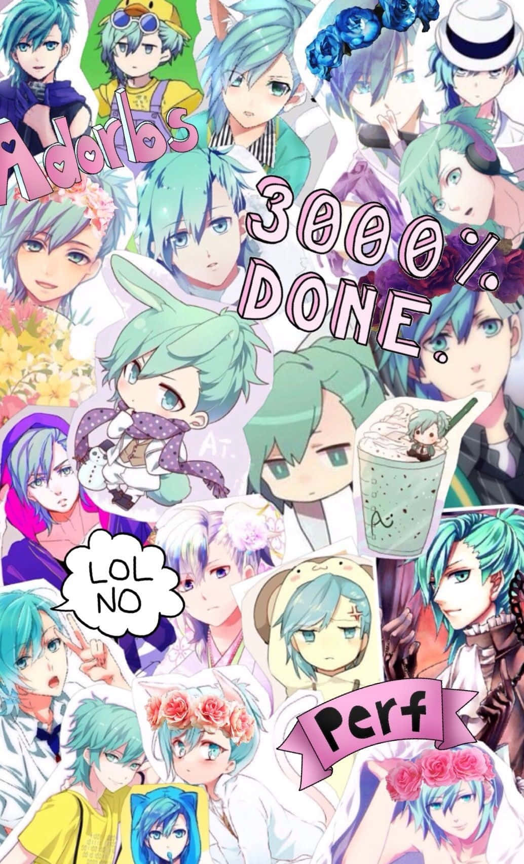 Anime Collage 桌布 壁紙 — 一幅充滿活力的動漫拼貼畫， featuring 多個擁有藍綠色頭髮和富有表現力眼睛的角色，周圍環繞著俏皮文字和貼紙。
