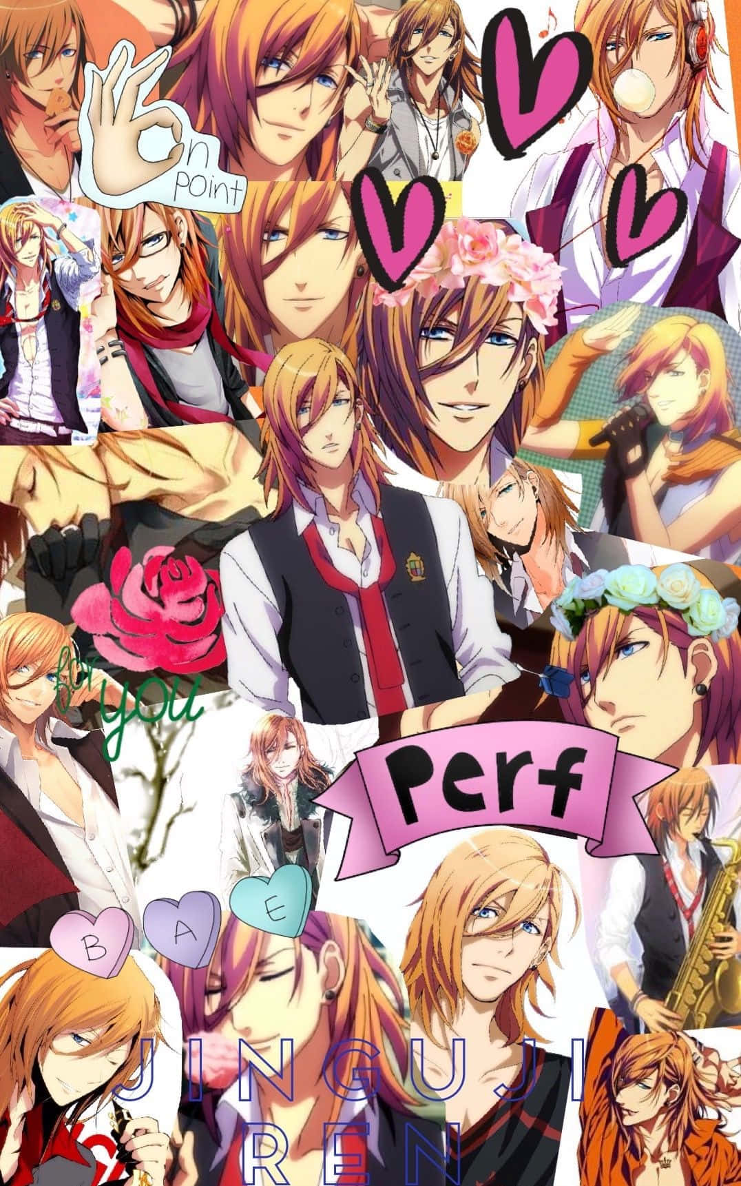 Anime Collage 桌布 壁紙 — 一幅充滿活力的動漫拼貼畫， featuring 多個橙色頭髮的男性角色、心形、玫瑰，以及粉紅色橫幅中的「Perf」字樣。