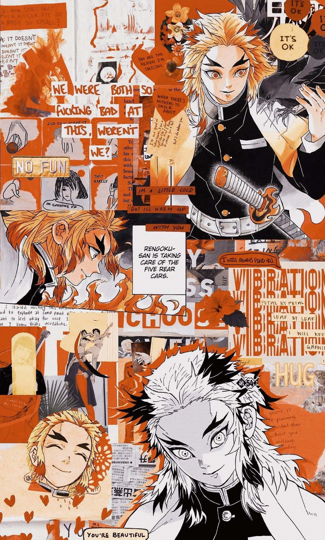 Rengoku Aesthetic 桌布 壁紙 — 一幅充滿活力的動漫拼貼畫， featuring Rengoku 和其他角色，以火熱的橙色色調呈現，並帶有手寫文字和漫畫格。