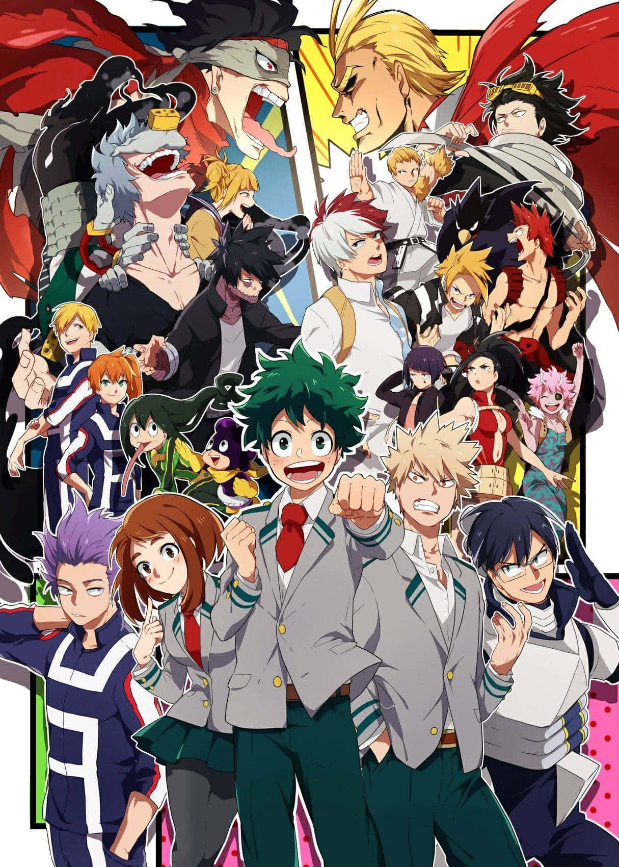 My Hero Academia Aesthetic 桌布 壁紙 — 一幅充滿活力的動漫拼貼畫， featuring My Hero Academia 角色以動態姿勢呈現，色彩大膽，表情豐富。