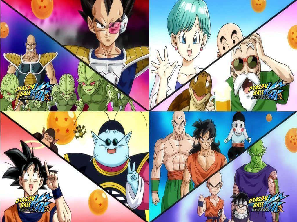 Dragon Ball Z Kai 桌布 壁紙 — 一幅充滿活力的動漫拼貼畫， featuring 龍珠角色如悟空、比達和笛子魔童，在色彩繽紛的宇宙背景下擺出動態姿勢。