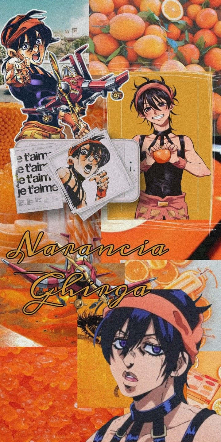 Narancia Ghirga 桌布 壁紙 — 一幅充滿活力的動漫拼貼畫，以Narancia Ghirga為主角，周圍環繞著橙子和動態動作姿勢。