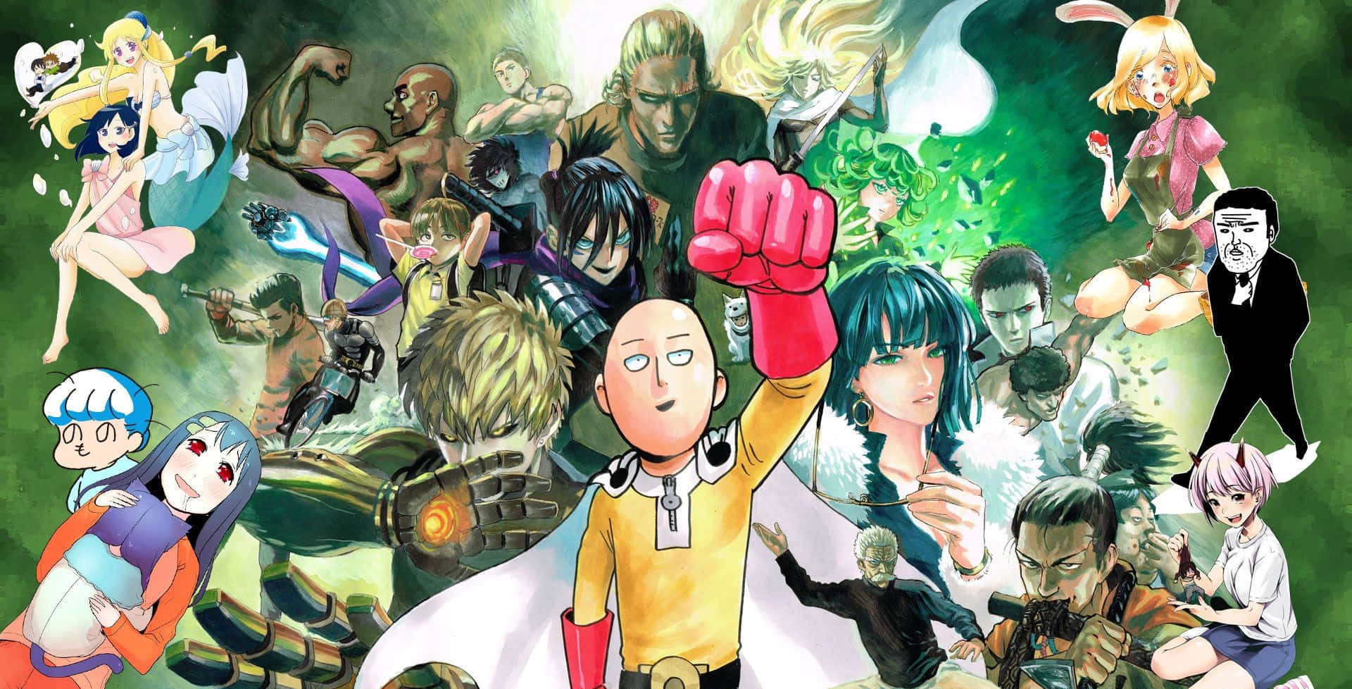 One Punch Man Season 2 桌布 壁紙 — 一幅充滿活力的動漫拼貼畫，以一拳超人及其他角色在綠色背景上擺出動感姿勢。