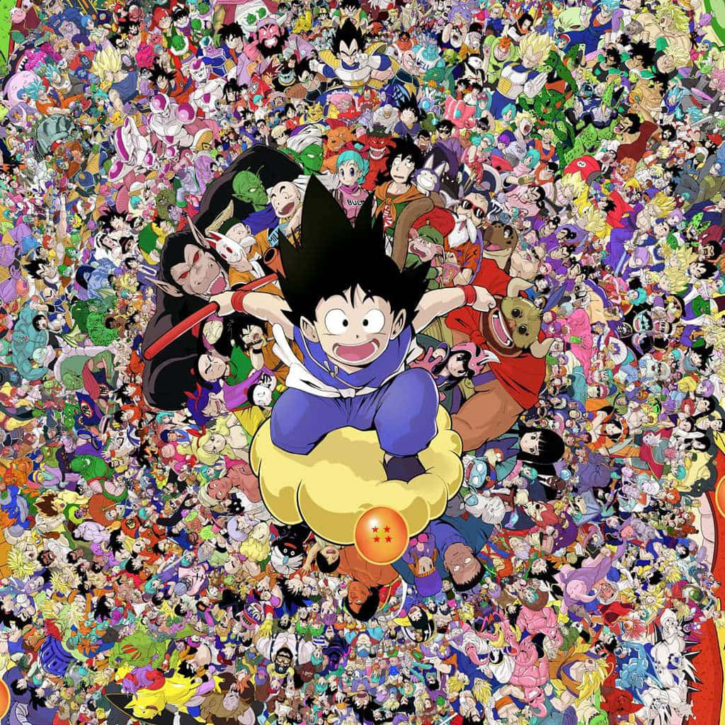 Dragon Ball Characters 桌布 壁紙 — 一幅充滿活力的動漫拼貼畫，以快樂的年輕悟空騎著雲朵並拿著龍珠為中心，周圍環繞著數百個龍珠角色，擺出動態姿勢。