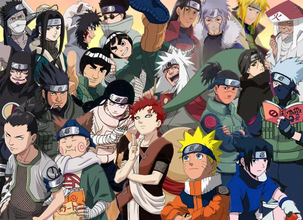 Naruto's Friend 桌布 壁紙 — 一幅充滿活力的動漫拼貼畫，以溫暖漸變背景為襯托，展示數十個火影忍者角色擺出動感姿勢。