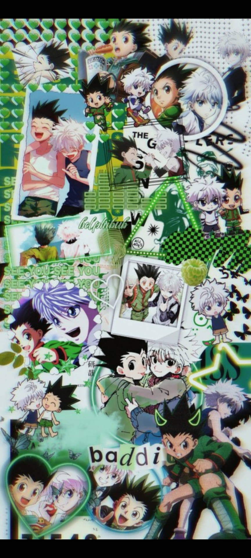 來自《Hunter x Hunter》的動漫角色，在色彩繽紛的拼貼畫中，配有綠色圖案和心形元素。