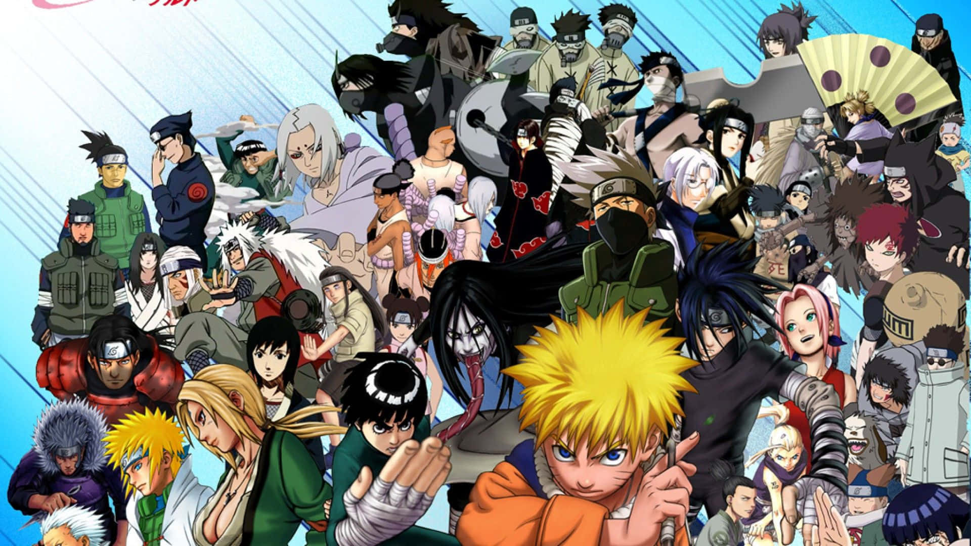 Manga Characters 桌布 壁紙 — 一幅充滿活力的動漫拼貼畫，以藍色漸變背景為襯托，展示數十個火影忍者角色擺出動感姿勢。