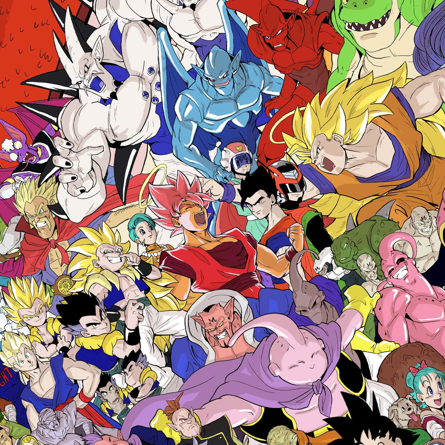 Dragon Ball Characters 桌布 壁紙 — 一幅充滿活力的動漫拼貼畫，充滿了數十個龍珠角色，姿勢動感，服裝色彩繽紛。