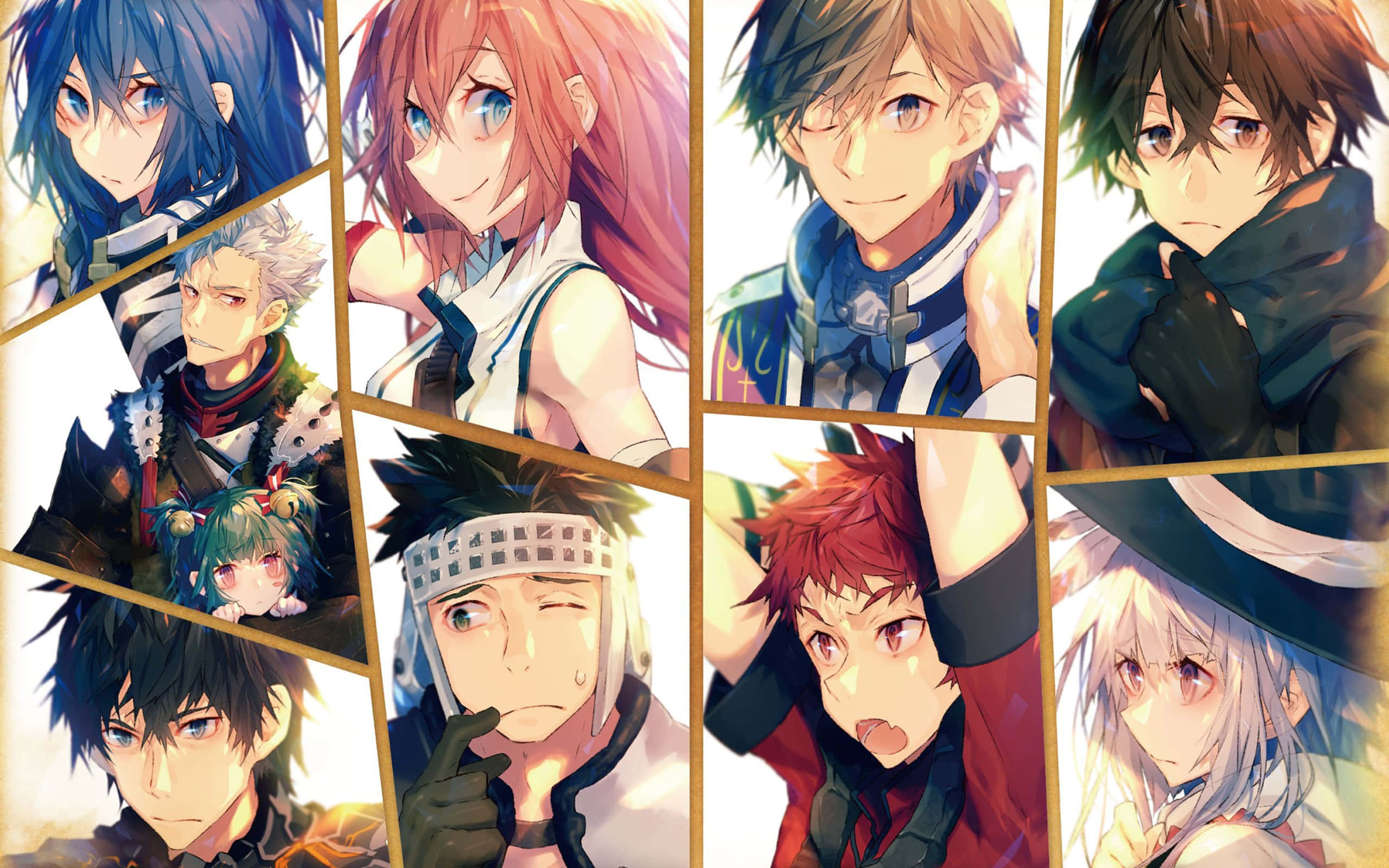 Grimgar Of Fantasy And Ash 桌布 壁紙 — 一幅充滿活力的動漫拼貼畫，包含九個不同的角色，擁有富有表現力的眼睛和動態姿勢，並以金色邊框框起。